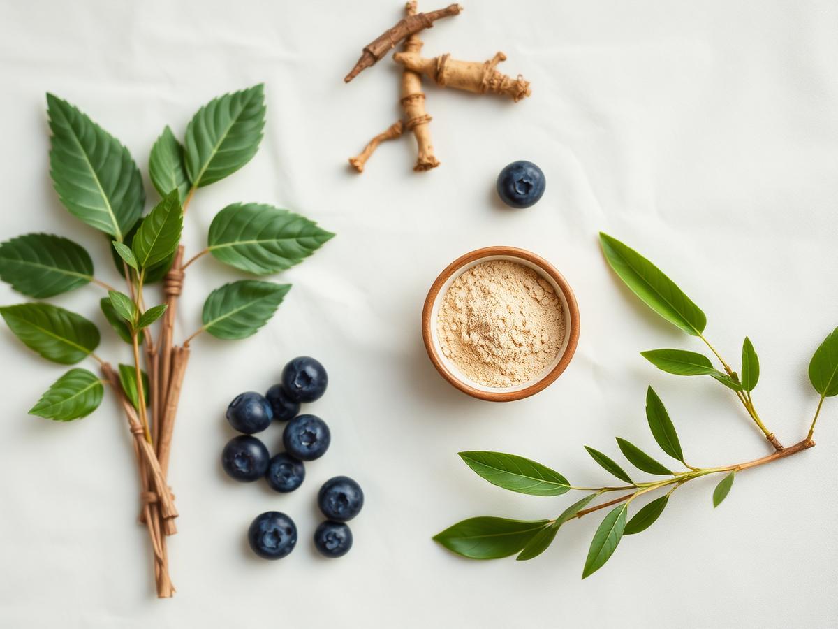 Chicory root, baobab powder, blueberries and botanicals arranged on linen