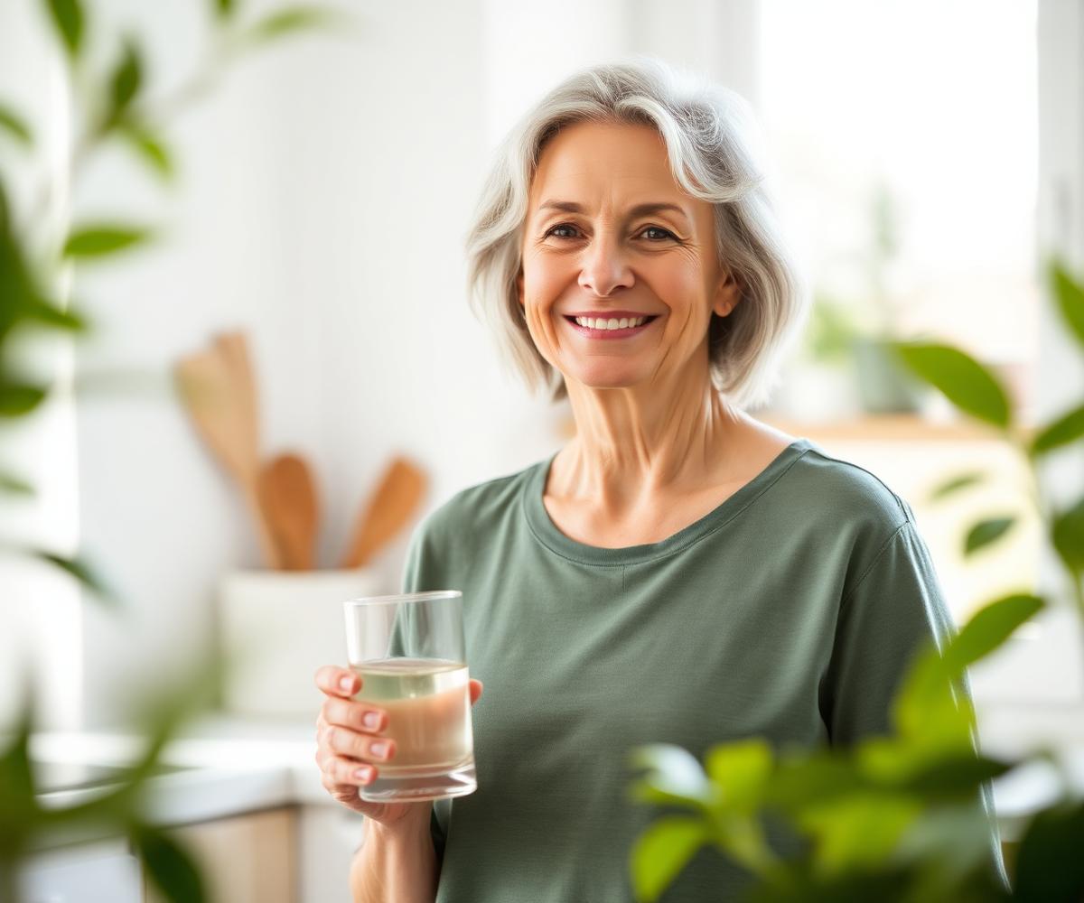 Woman starting her morning routine with a glass of water in a sunlit kitchen